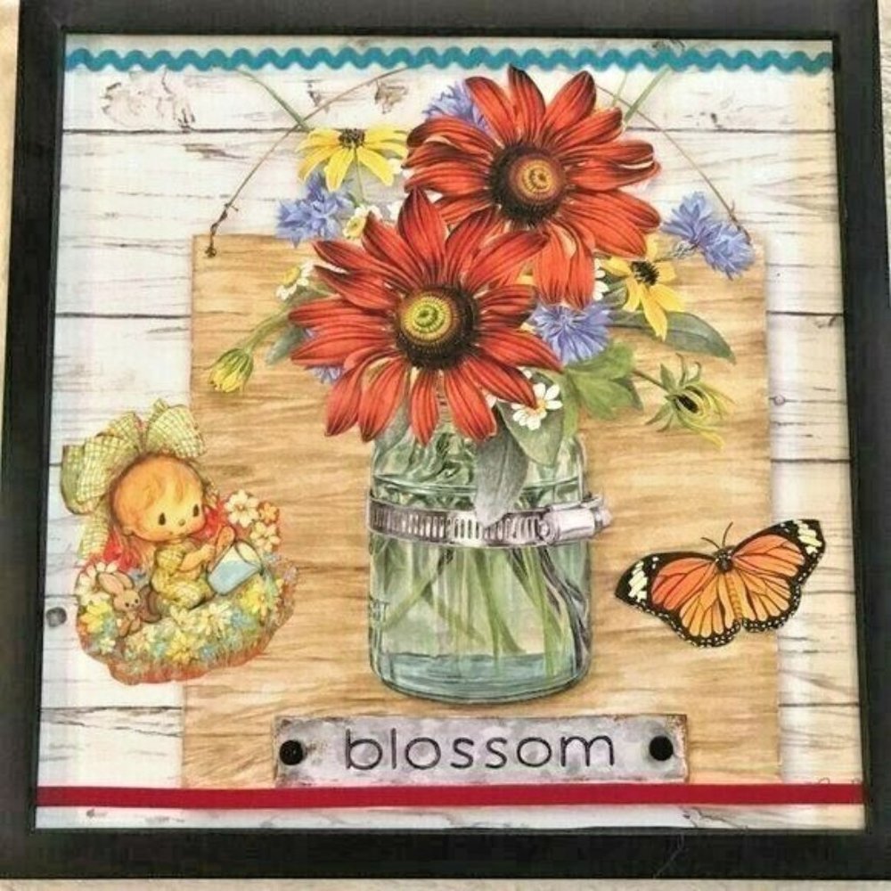 Blossom Floral Jar Handmade OOAK Collage Framed Picture Retro Fall Autumn Art
